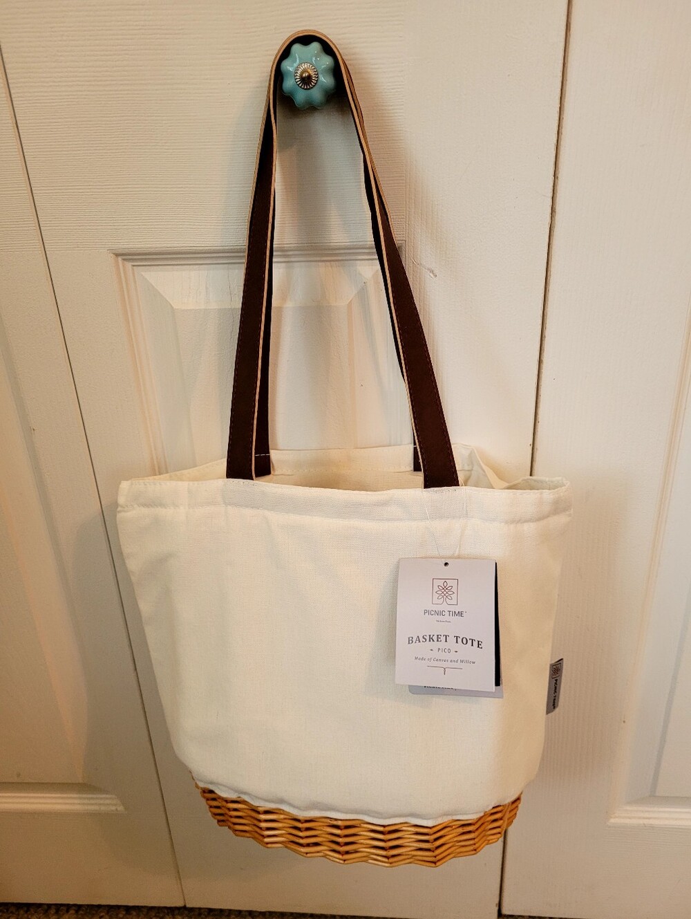 Cream Basket Tote with Brown Straps